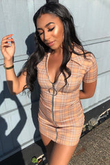 Mustard Check Plunge Zip Mini Dress - Arelys