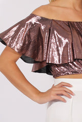 Pink Metallic Bardot Frill Crop Top - Ariana