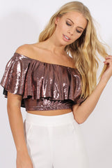 Pink Metallic Bardot Frill Crop Top - Ariana