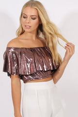 Pink Metallic Bardot Frill Crop Top - Ariana