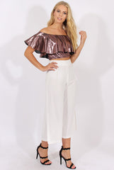 Pink Metallic Bardot Frill Crop Top - Ariana