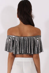 Silver Metallic Bardot Frill Crop Top - Ariana