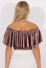 Pink Metallic Bardot Frill Crop Top - Ariana