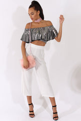 Silver Metallic Bardot Frill Crop Top - Ariana