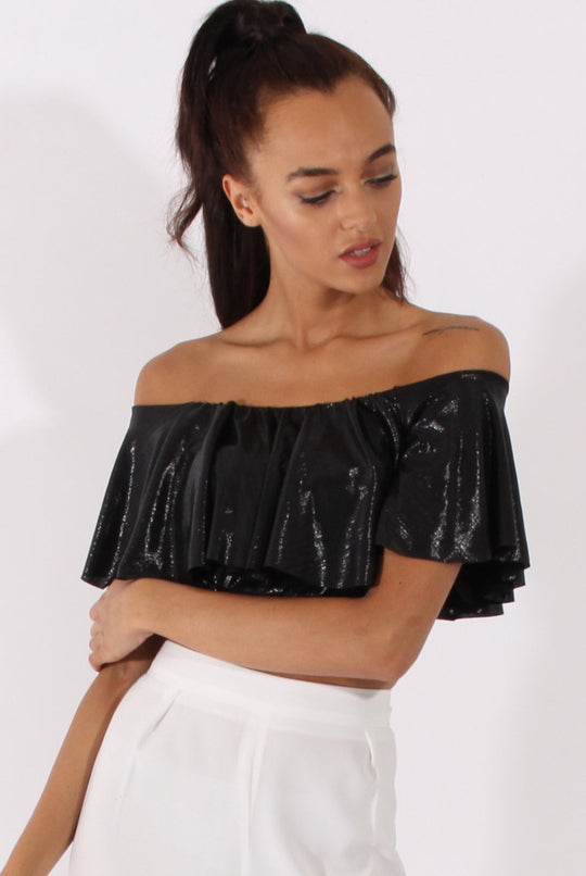 Black Metallic Bardot Frill Crop Top - Ariana