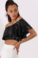 Black Metallic Bardot Frill Crop Top - Ariana