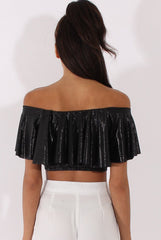 Black Metallic Bardot Frill Crop Top - Ariana