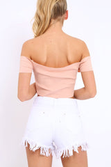 Nude Ribbed Lace Up Bardot Crop Top - Arianna