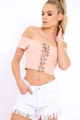 Nude Ribbed Lace Up Bardot Crop Top - Arianna