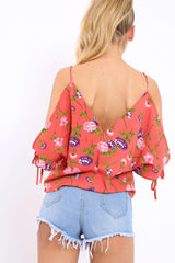 Red Floral Print V-Neck Tie Cold Shoulder Top - Arielle