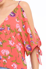 Red Floral Print V-Neck Tie Cold Shoulder Top - Arielle