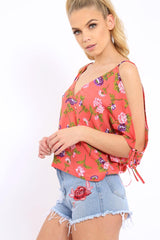 Red Floral Print V-Neck Tie Cold Shoulder Top - Arielle