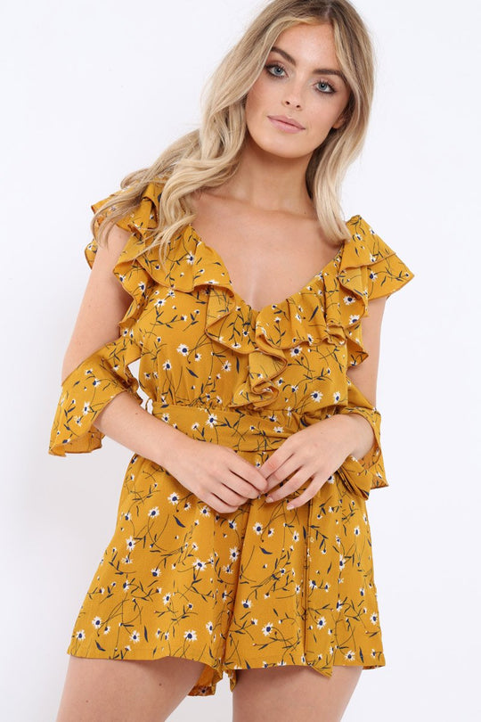 Mustard Floral Cold Shoulder Playsuit - Arlene