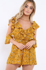 Mustard Floral Cold Shoulder Playsuit - Arlene