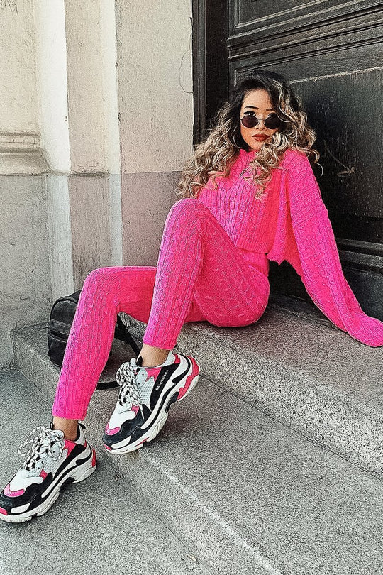 Neon Pink Cable Knit Batwing Jumper Loungwear Set - Janea