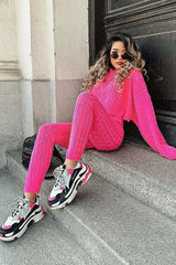 Neon Pink Cable Knit Batwing Jumper Loungwear Set - Janea