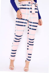 Pink Check Print Paper Bag Tie Waist Tapered Trousers - Ashi