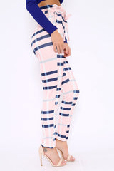 Pink Check Print Paper Bag Tie Waist Tapered Trousers - Ashi