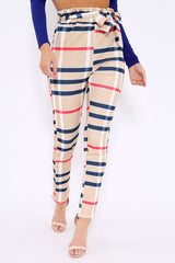 Beige Check Print Paper Bag Tie Waist Tapered Trousers - Ashi