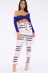 Pink Check Print Paper Bag Tie Waist Tapered Trousers - Ashi