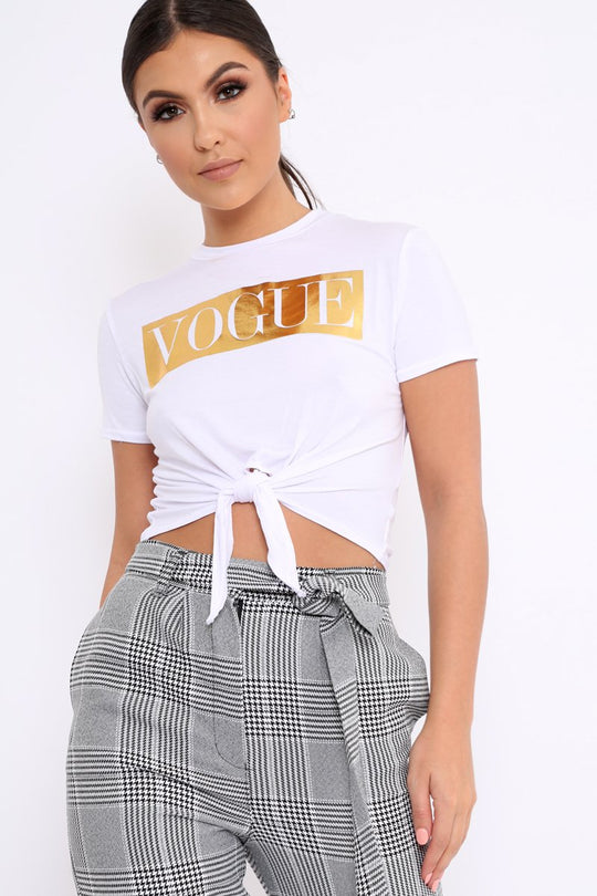 White Knot Front Vogue Slogan Top - Ashira