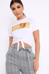 White Knot Front Vogue Slogan Top - Ashira