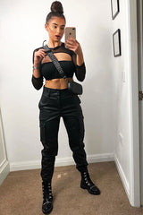 Black Mesh Sleeve Cut Out Tie Back Crop Top - Layna