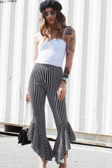 Black and White Stripe Frill Hem Trousers - Ashlie
