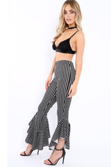 Black and White Stripe Frill Hem Trousers - Ashlie