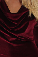 Wine Velvet Long Sleeve Cowl Neck Dress - Asteroid