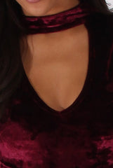 Wine Crushed Velvet High Neck Cut Out Bodysuit - Asumi