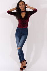 Wine Crushed Velvet High Neck Cut Out Bodysuit - Asumi