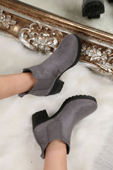Grey Faux Suede Heeled Ankle Boots - Athina