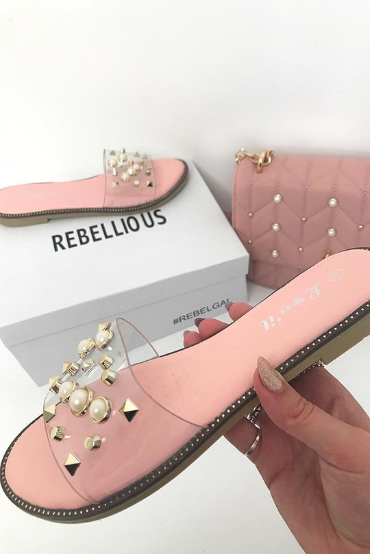 Pink Clear Clear Studded Sliders  -Athira