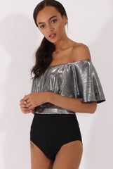 Silver Metallic Pleated Bardot Bodysuit - Aubree