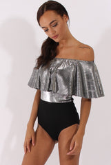 Silver Metallic Pleated Bardot Bodysuit - Aubree