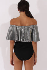 Silver Metallic Pleated Bardot Bodysuit - Aubree