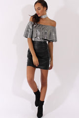 Silver Metallic Pleated Bardot Bodysuit - Aubree