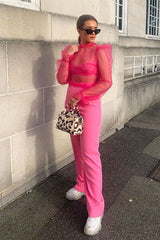 Pink Mesh High Neck Open Back Blouse - Anthea