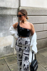 White Newspaper Print Straight Leg Trousers - Lawryn