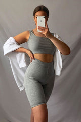 Grey Ribbed Crop Top and Cycling Shorts Co-ord - Nina