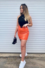 Orange Vinyl Zip Detail Utility Buckle Skirt - Davina