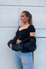 Black Lace Up Sweetheart Puff Sleeve Crop Top - Kandis