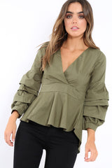 Khaki Pleated Dip Hem Top - Avah