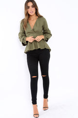 Khaki Pleated Dip Hem Top - Avah