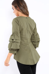Khaki Pleated Dip Hem Top - Avah