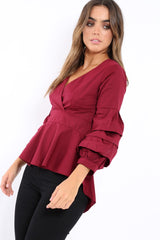 Wine Pleated Dip Hem Top - Avah