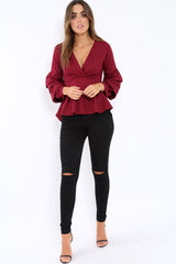 Wine Pleated Dip Hem Top - Avah