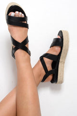 Black PU Rope Sole Wedges - Avaley