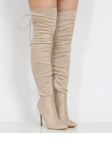 Beige Suede Over the Knee Drawstring Stiletto Boots - Avery